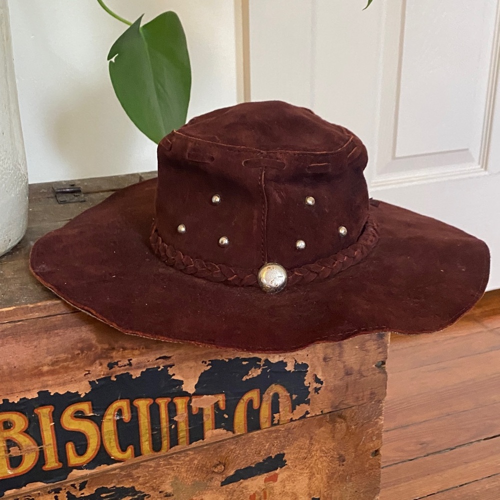 Brown Leather Suede Hat with Stud Accents for Festuvals